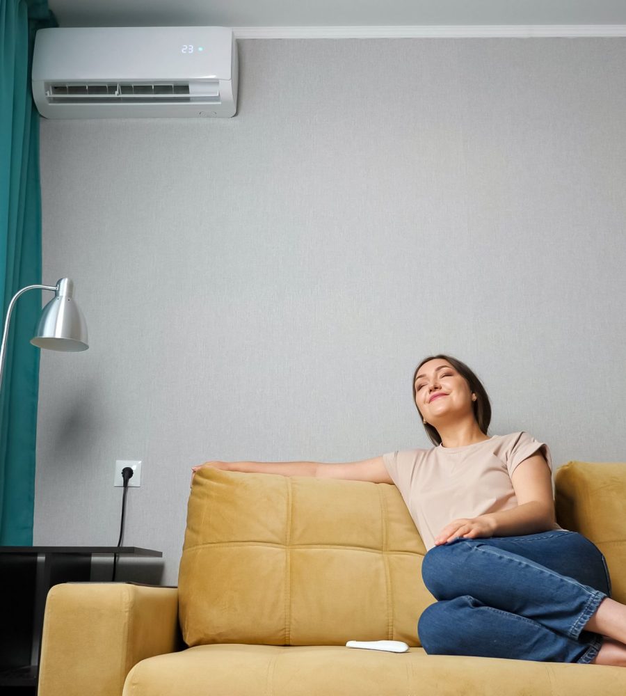 woman adjusts the air conditioner while sitting on the couch, .